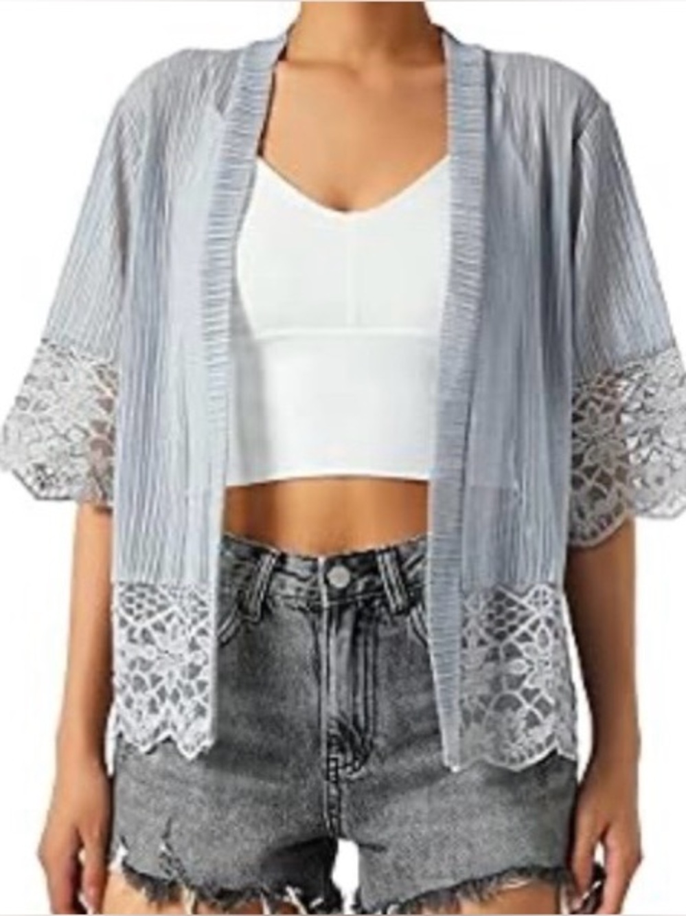 Kiluex Light Gray Lace-Trim Open front kimono cover up size L